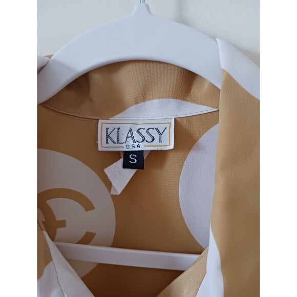 Vintage Klassy Blouse Top Polka Dot Long Sleeve Button Up Mustard White S - Picture 3 of 5